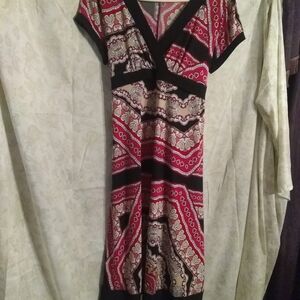 Moa Moa Pink and Black Patterned V-Neck Midi Dress